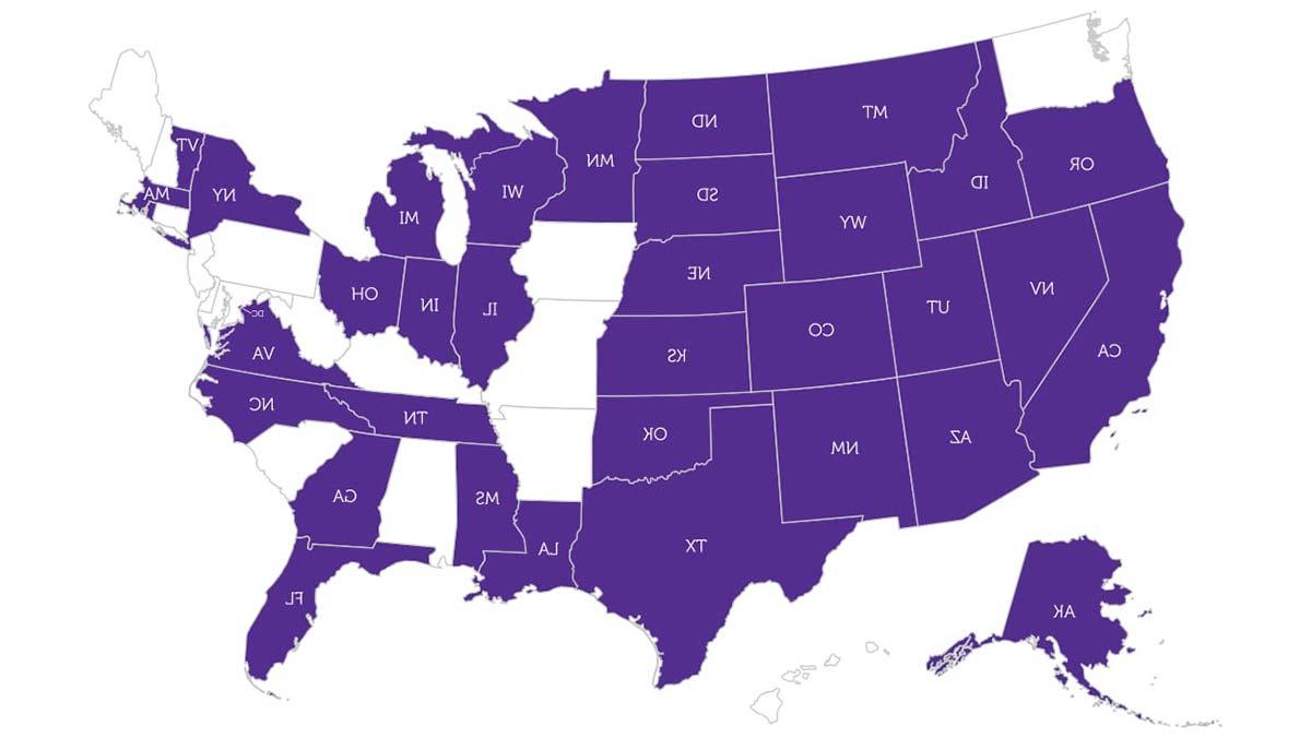 Home States of PTA Online Students. The states colored purple show where online students reside